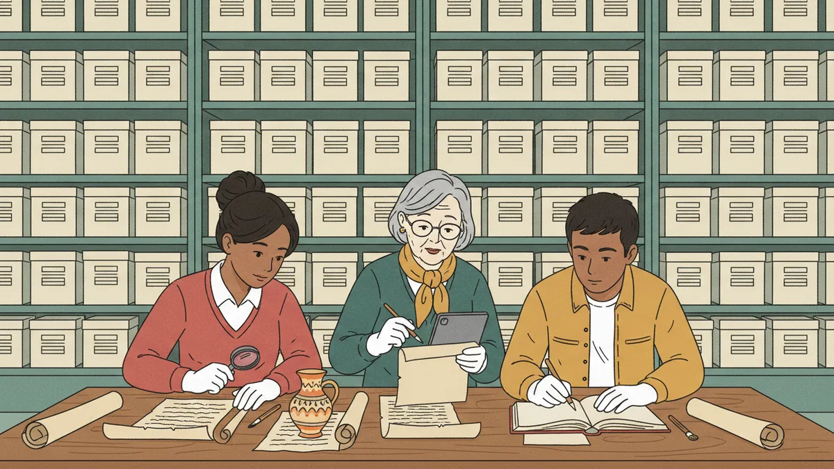 Trois étudiants en gants blancs examinent et inventorient des documents anciens et un petit vase avec une conservatrice dans une réserve de musée.