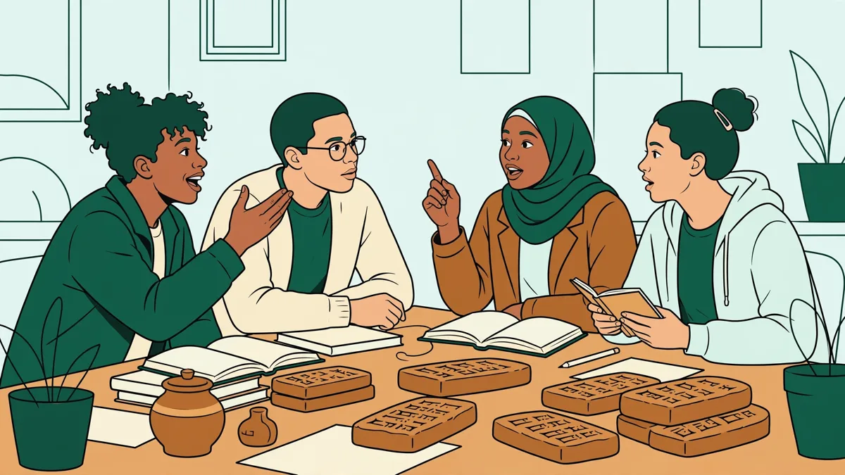Des étudiants en licence Humanités débattent autour d'une table couverte de livres et de reproductions anciennes