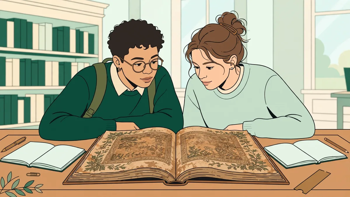 Deux étudiantes penchées ensemble sur un grand livre ancien dans une bibliothèque lumineuse