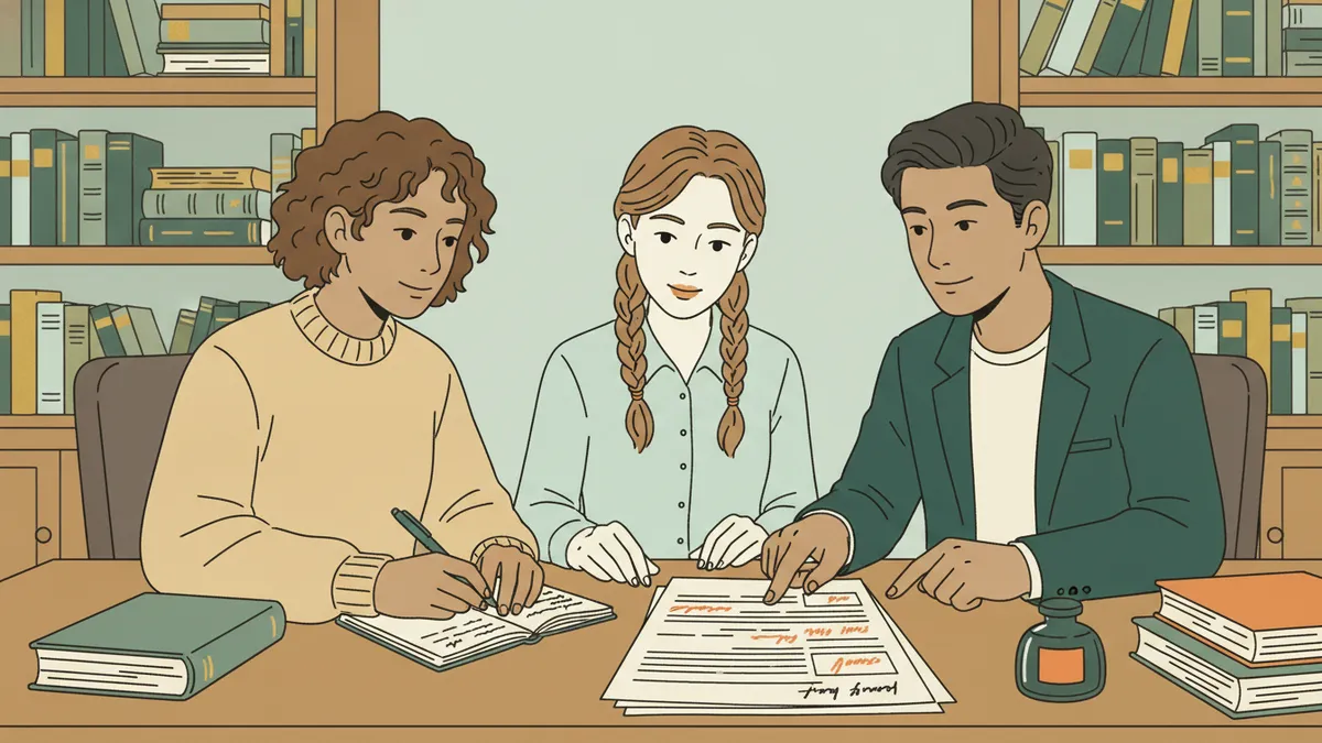 Une étudiante et deux enseignants relisent ensemble un long devoir annoté, penchés sur un bureau couvert de livres.