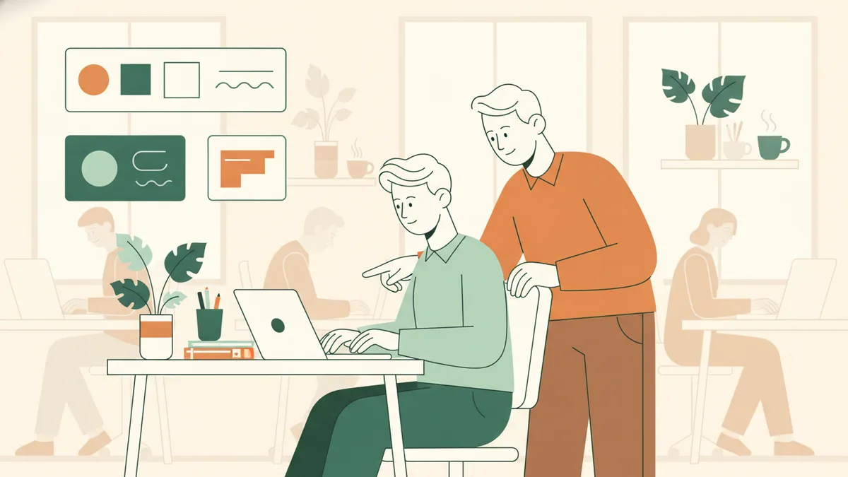 Une stagiaire écrit sur son ordinateur dans une rédaction pendant qu'un collègue la conseille.