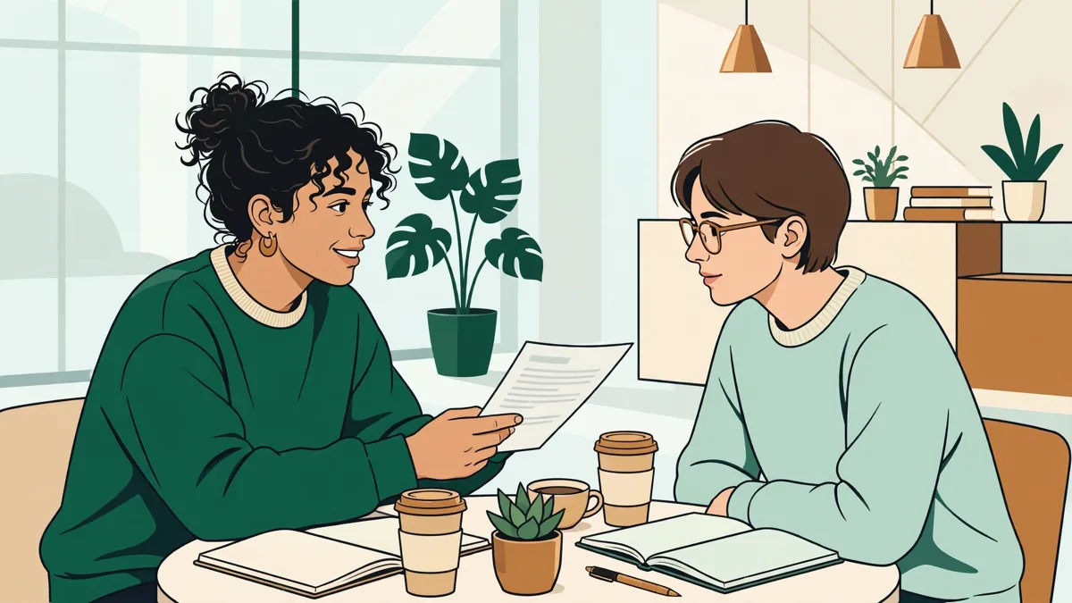 Deux étudiantes en travail tandem : l'une explique un document en allemand, l'autre prend des notes en souriant.