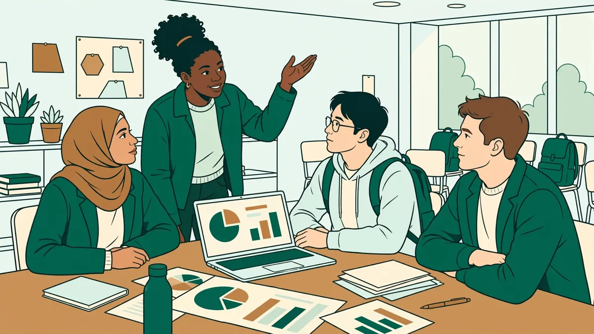 Quatre étudiants autour d'une table qui préparent une présentation commerciale avec graphiques et fiches en deux langues.