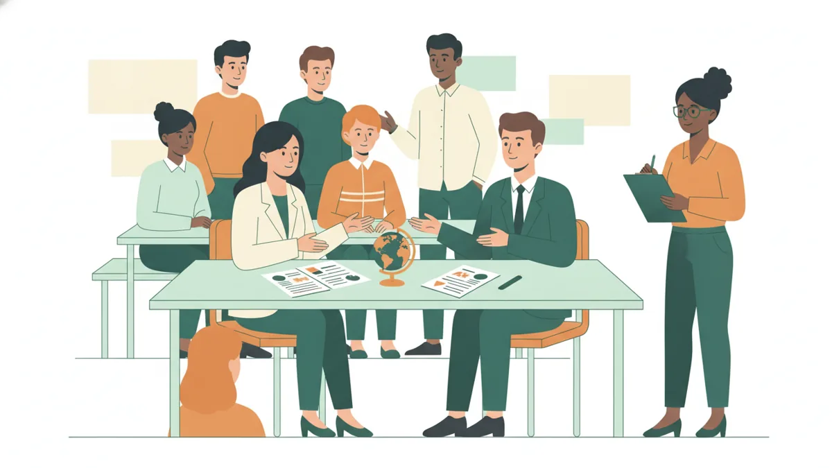 Deux étudiants simulent une négociation commerciale internationale autour d'une table couverte de documents, sous le regard de leurs camarades et de l'enseignante.