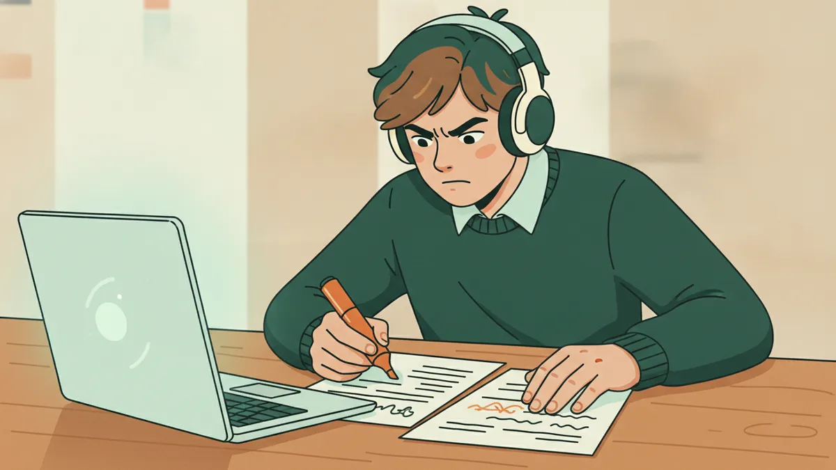 Un étudiant compare deux versions d'un même document sur son bureau et surligne un passage à traduire.