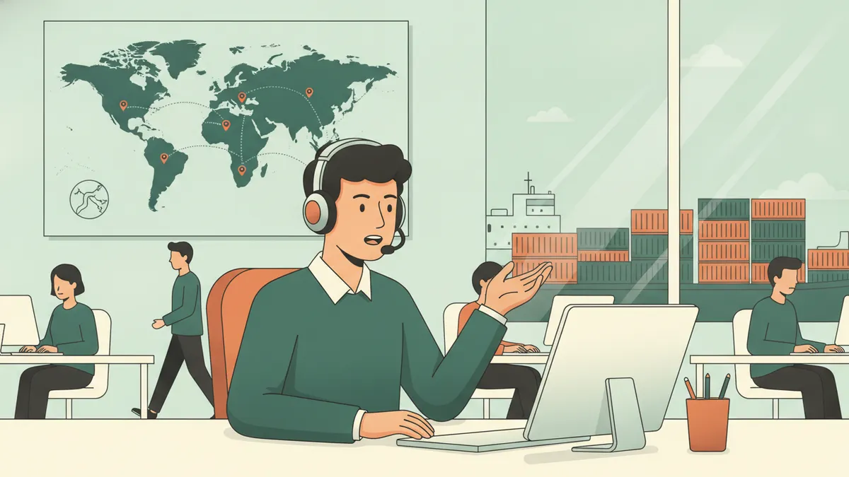 Un stagiaire avec un casque micro travaille dans un bureau de commerce international devant une carte du monde.
