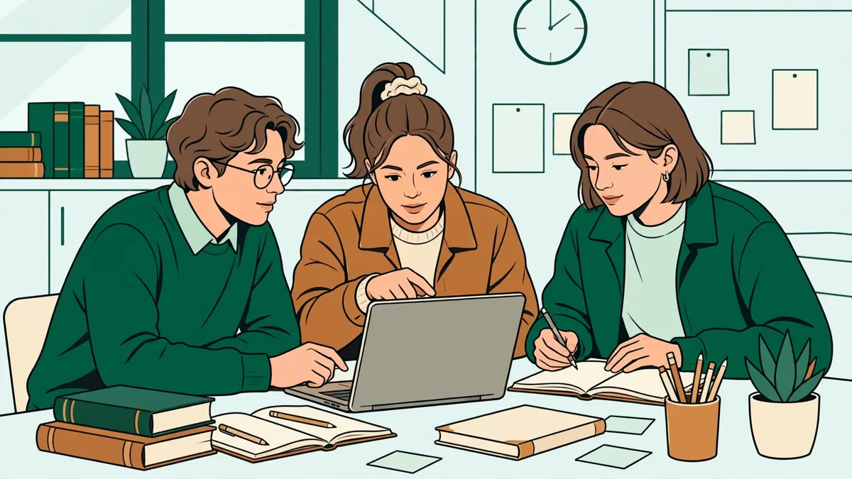 Trois étudiants traduisent ensemble un mail professionnel sur un portable, carnets et dictionnaires ouverts.