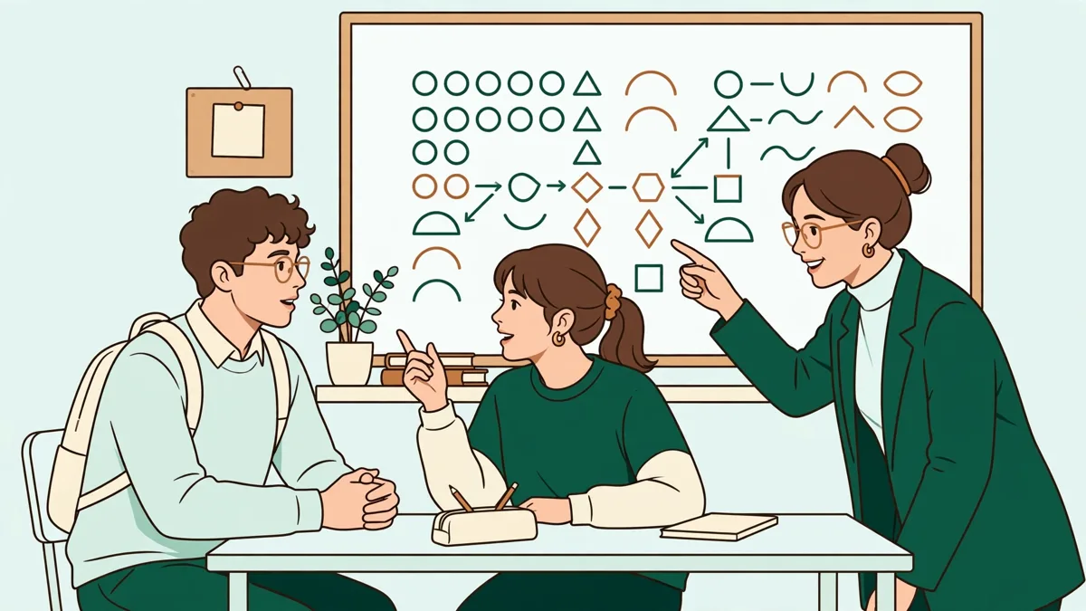 Deux étudiants jouent un petit dialogue en grec devant un tableau d'alphabet, guidés par leur enseignante.