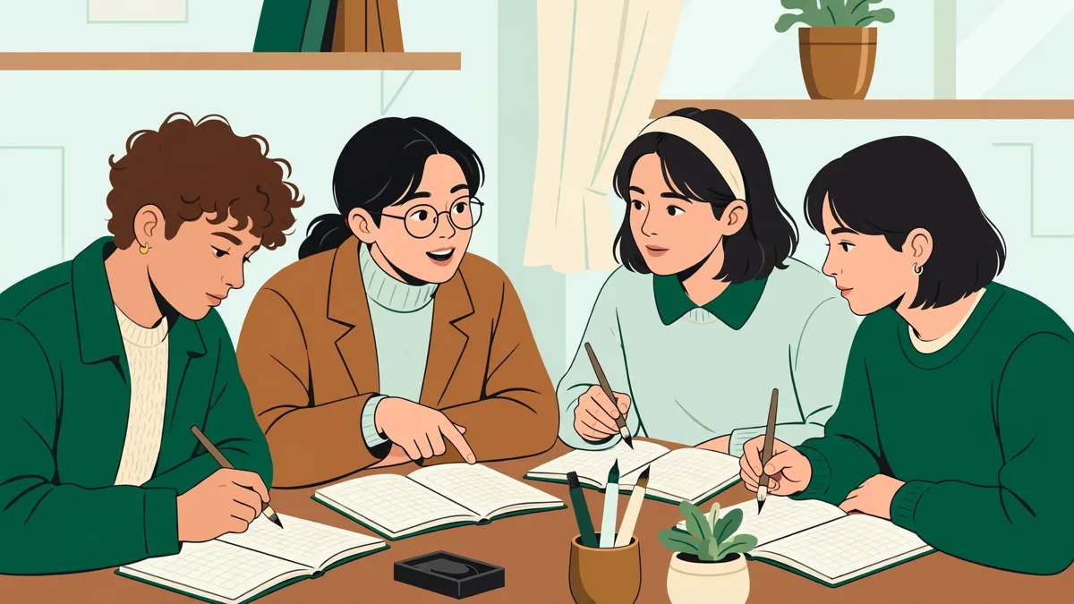 Quatre étudiants en TD de japonais qui s'entraînent à tracer des kanji sur leurs cahiers et comparent leurs tracés.