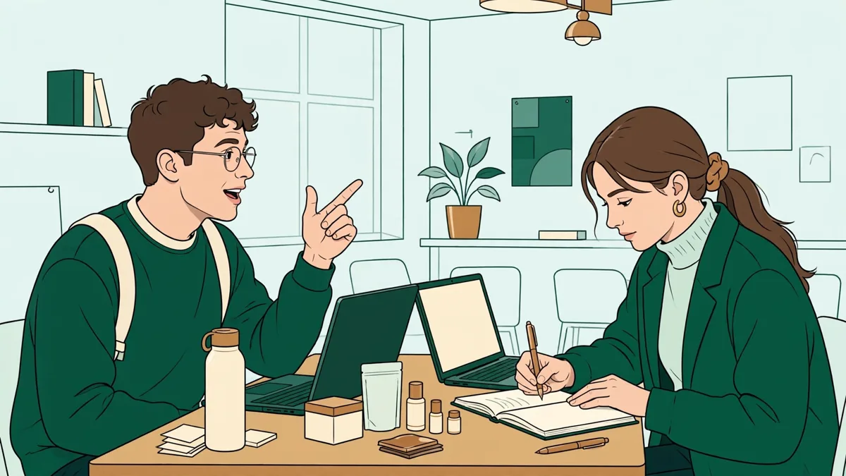 Deux étudiants autour d'une table jouent une négociation commerciale bilingue avec ordinateurs et échantillons.