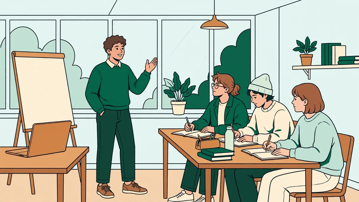 Une étudiante debout présente un exposé sur une entreprise nordique devant trois camarades qui prennent des notes.