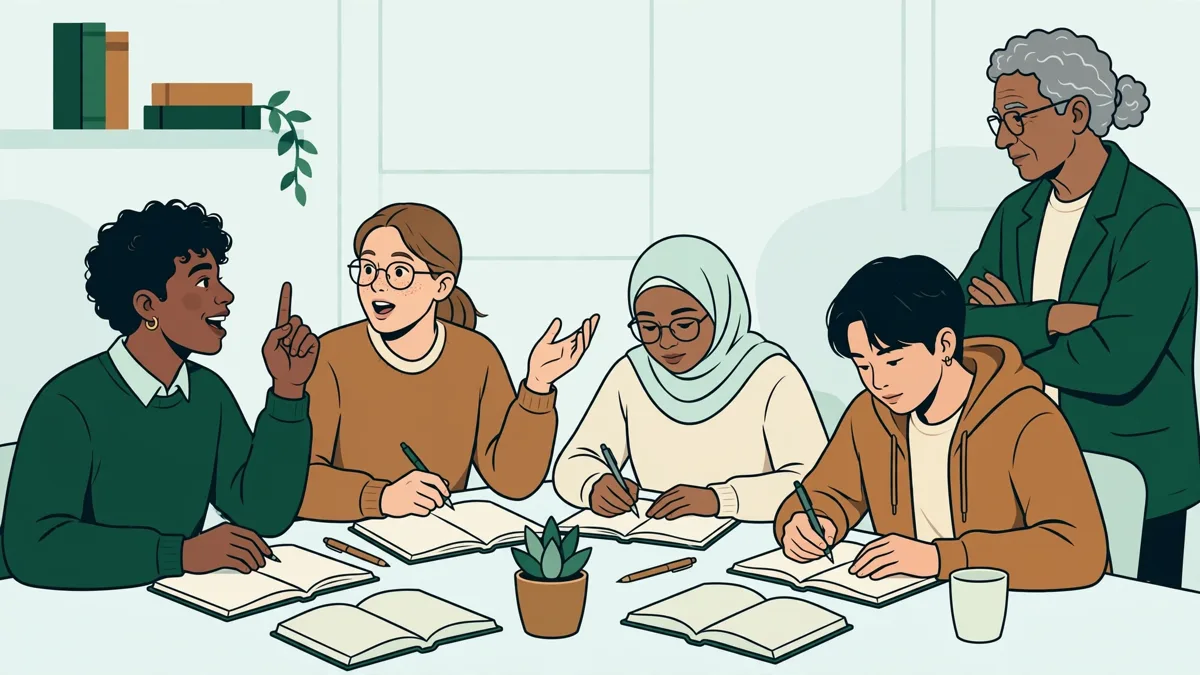 Illustration dessinée : quatre étudiants autour d'une table en travaux dirigés, deux échangent avec un carnet pendant que deux autres comparent leurs notes, une enseignante les écoute.