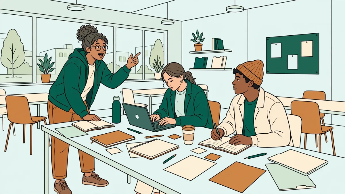Illustration dessinée : trois étudiants préparent une présentation d'entreprise, l'un parle devant un tableau pendant qu'une autre prend des notes sur un ordinateur portable, documents étalés sur la table.