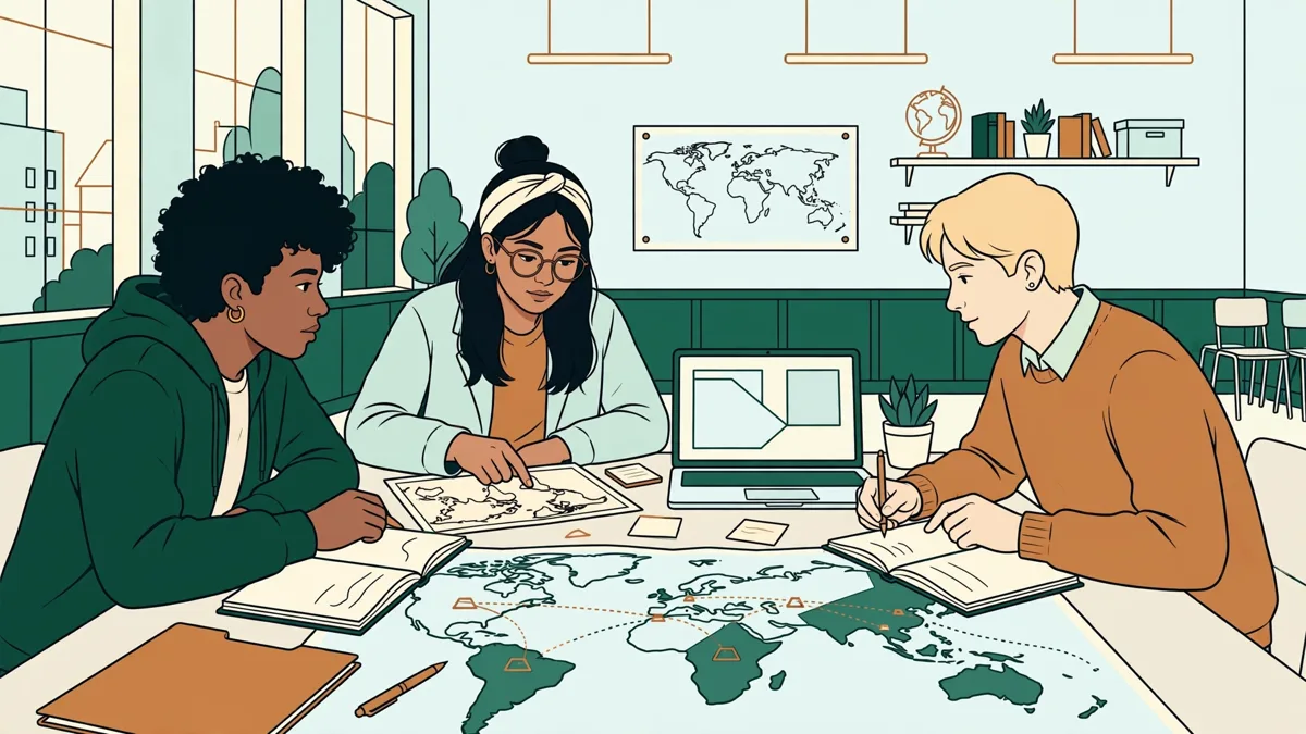 Trois étudiants préparent une négociation export avec cartes et ordinateur dans une salle de cours.