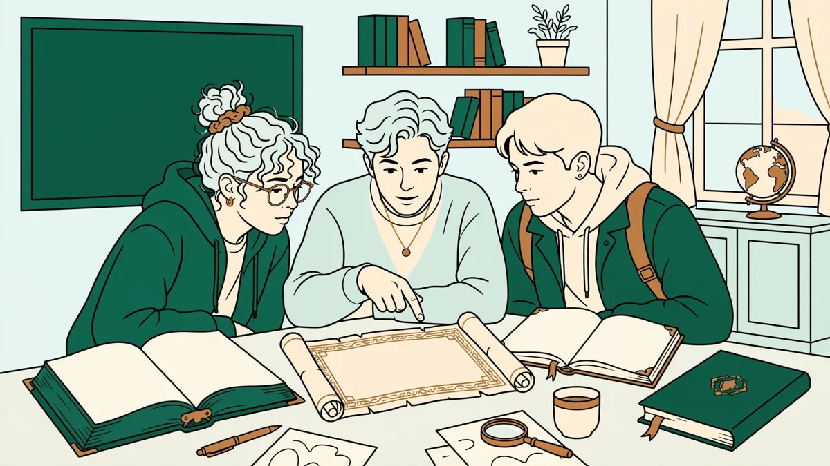 Trois étudiants en lettres classiques autour d'une table qui traduisent ensemble un texte latin, dictionnaires et cahiers ouverts.