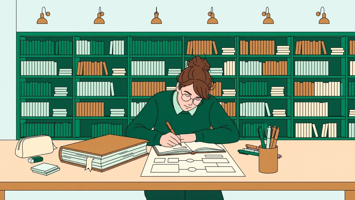 Une étudiante en lettres qui fiche un livre épais à une table de bibliothèque universitaire, carnet et stylos de couleur.
