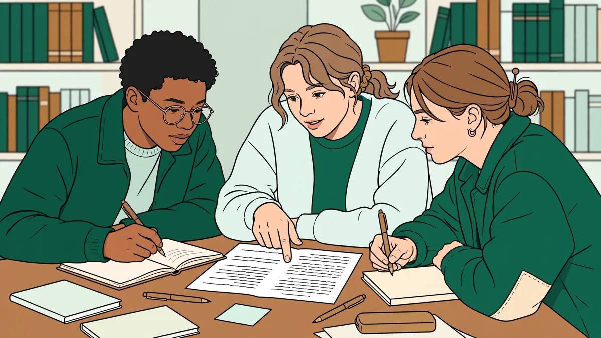 Trois étudiants autour d'une table de bibliothèque qui annotent un texte et comparent leurs analyses