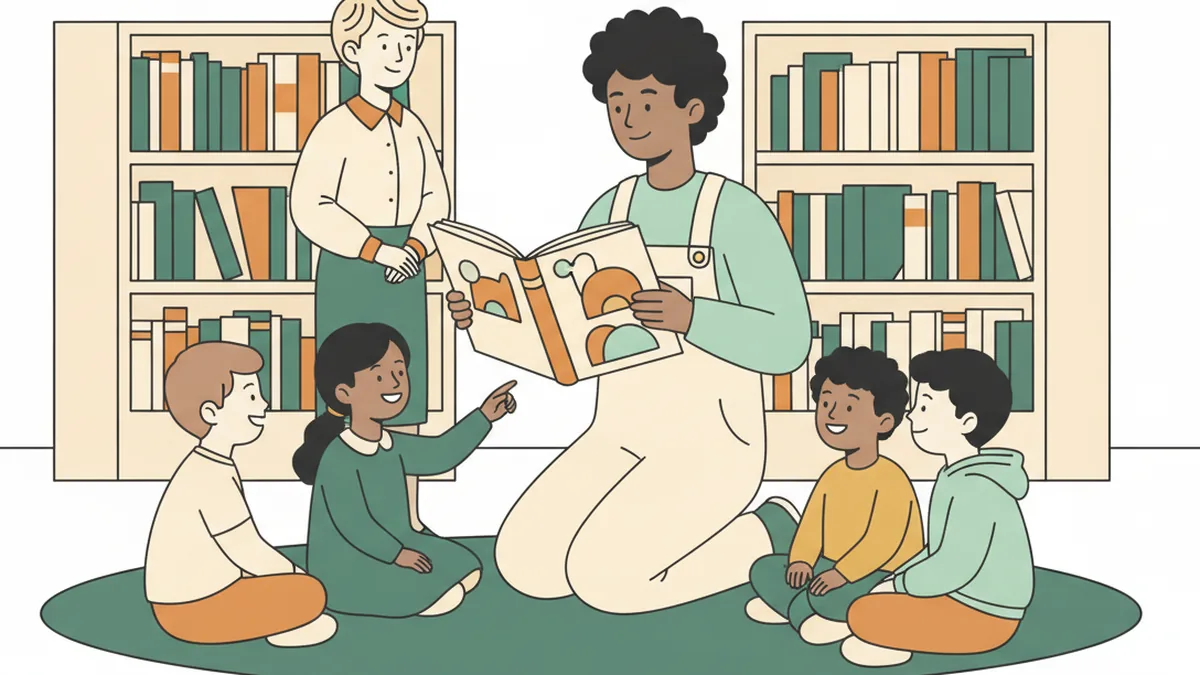 Une étudiante lit un album à voix haute à des enfants assis dans le coin jeunesse d'une bibliothèque.