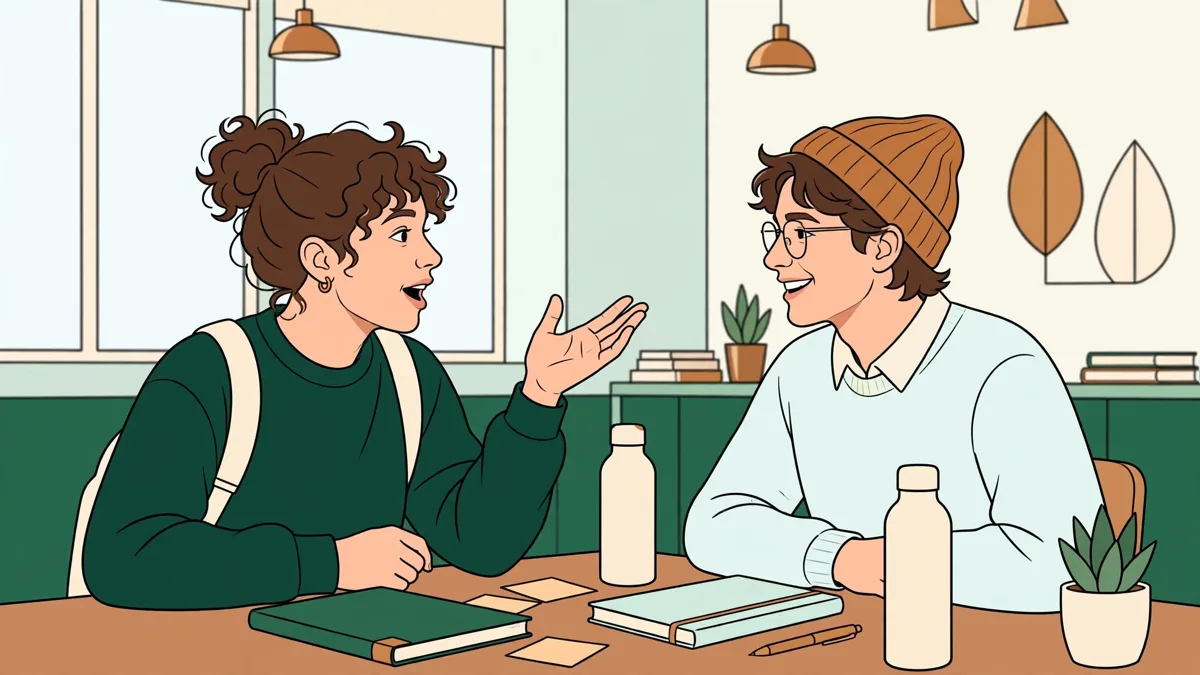 Deux étudiants qui pratiquent un dialogue simple en arabe face à face dans une salle de cours