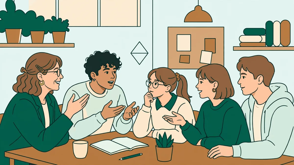 Petit groupe d'étudiants qui pratiquent l'oral en arabe avec leur enseignante autour d'une table