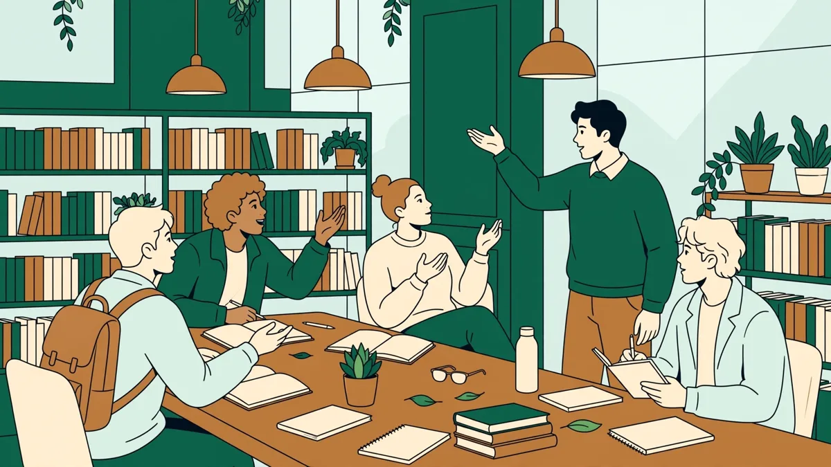 Étudiants qui débattent d'un roman et d'un film en bibliothèque universitaire