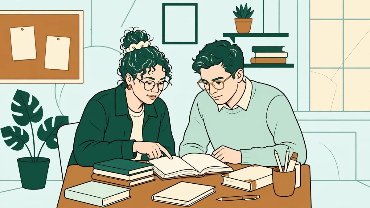 Deux étudiantes comparent un texte en espagnol et un texte en portugais, dictionnaires et carnets ouverts sur la table