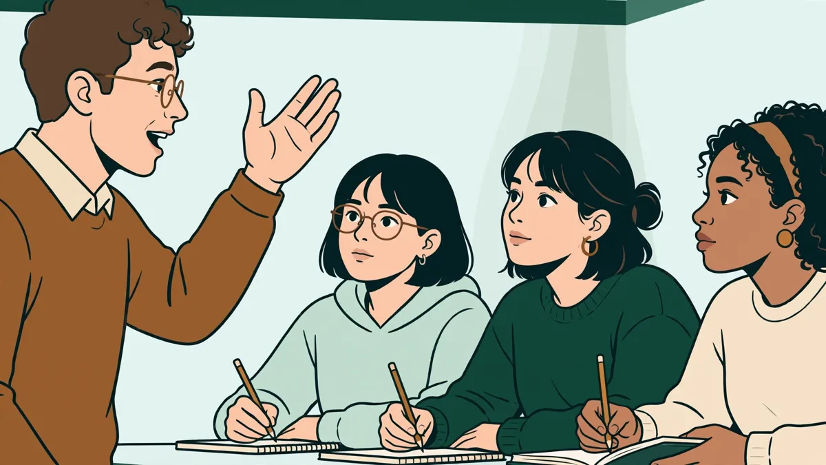 Un étudiant présente un exposé en espagnol devant un petit groupe attentif dans une salle de cours