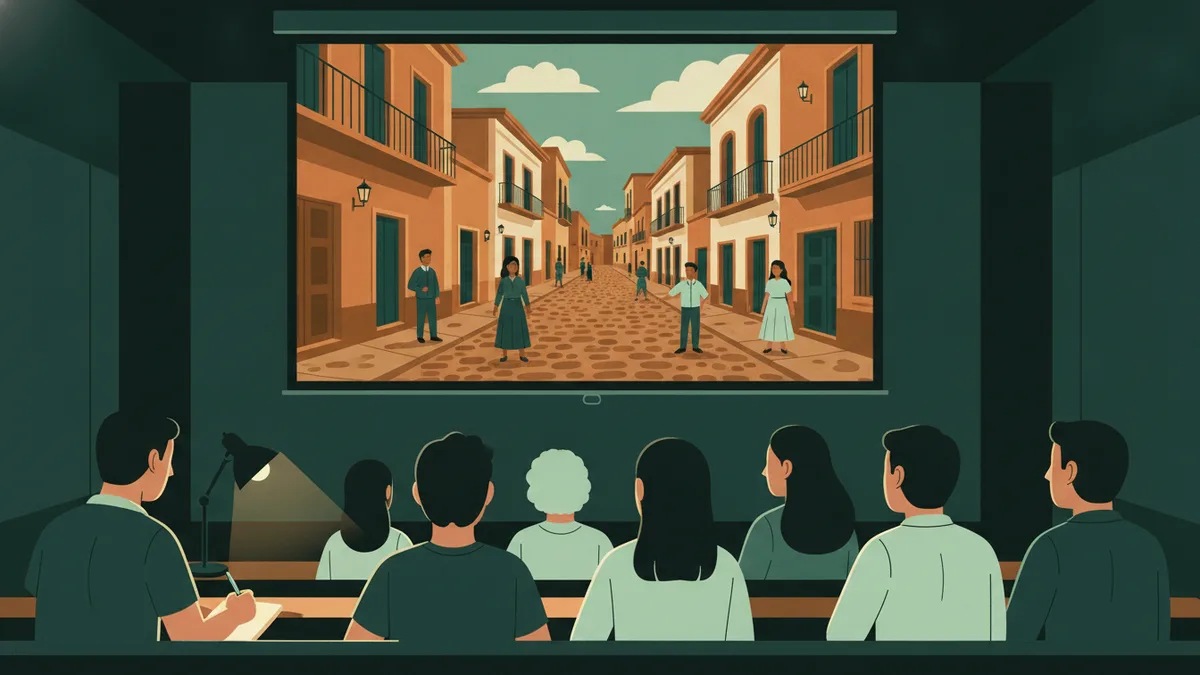 Des étudiants analysent ensemble un film en espagnol projeté dans une salle sombre, carnets ouverts pour noter les dialogues et les références culturelles.