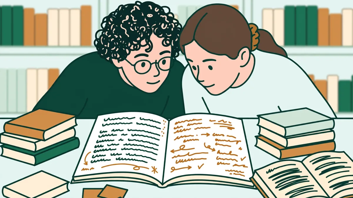Deux étudiantes en bibliothèque comparent une page en langue étrangère et leur traduction manuscrite, entourées de dictionnaires.