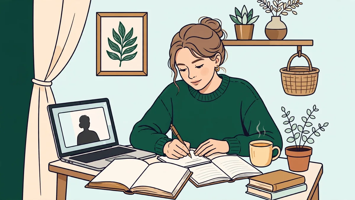 Étudiante en licence d'italien à distance, chez elle, qui suit un cours sur son ordinateur portable avec un roman italien et un carnet ouverts