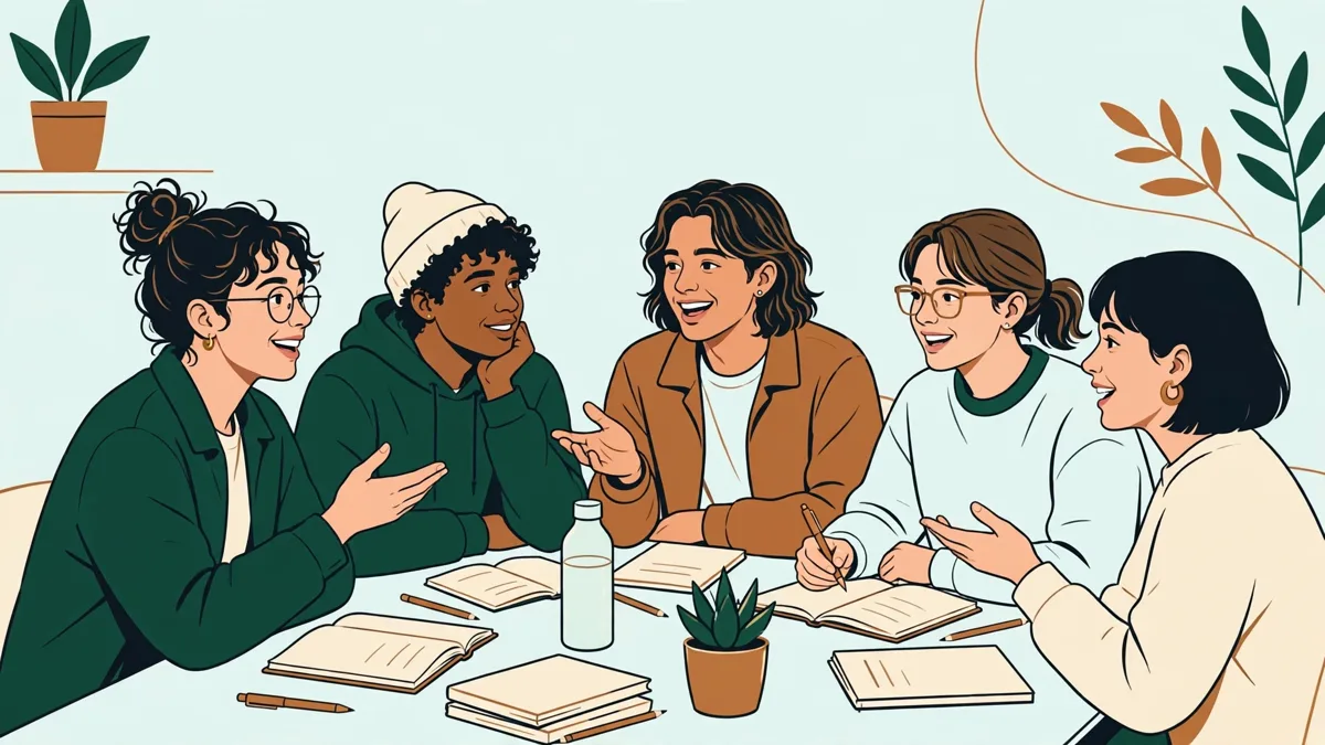 Petit groupe d'étudiants débutants qui pratiquent l'italien à l'oral autour d'une table avec leur enseignante