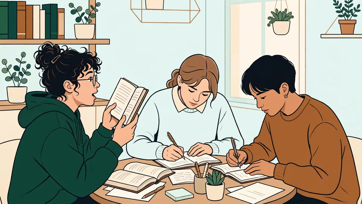 Trois étudiants autour d'une table qui traduisent ensemble un texte italien, l'un lisant à voix haute pendant que les autres annotent.