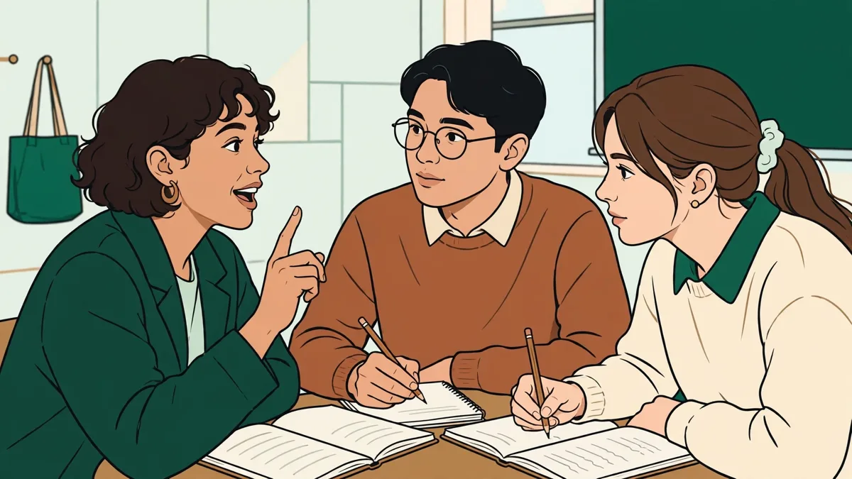 Trois étudiants autour d'une petite table qui répètent une saynète en polonais, l'une parle pendant que les autres écoutent et prennent des notes.