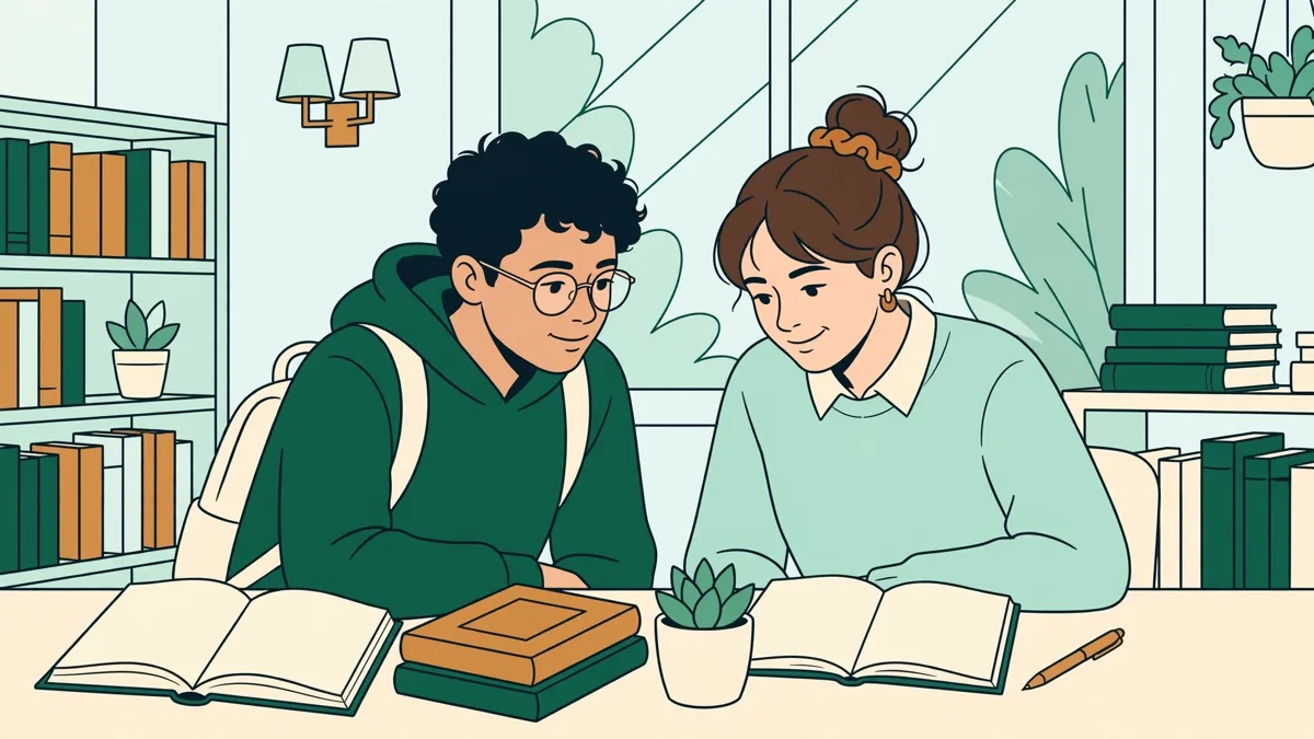 Deux étudiantes qui comparent un roman polonais et leurs notes dans une bibliothèque lumineuse, des livres ouverts devant elles.