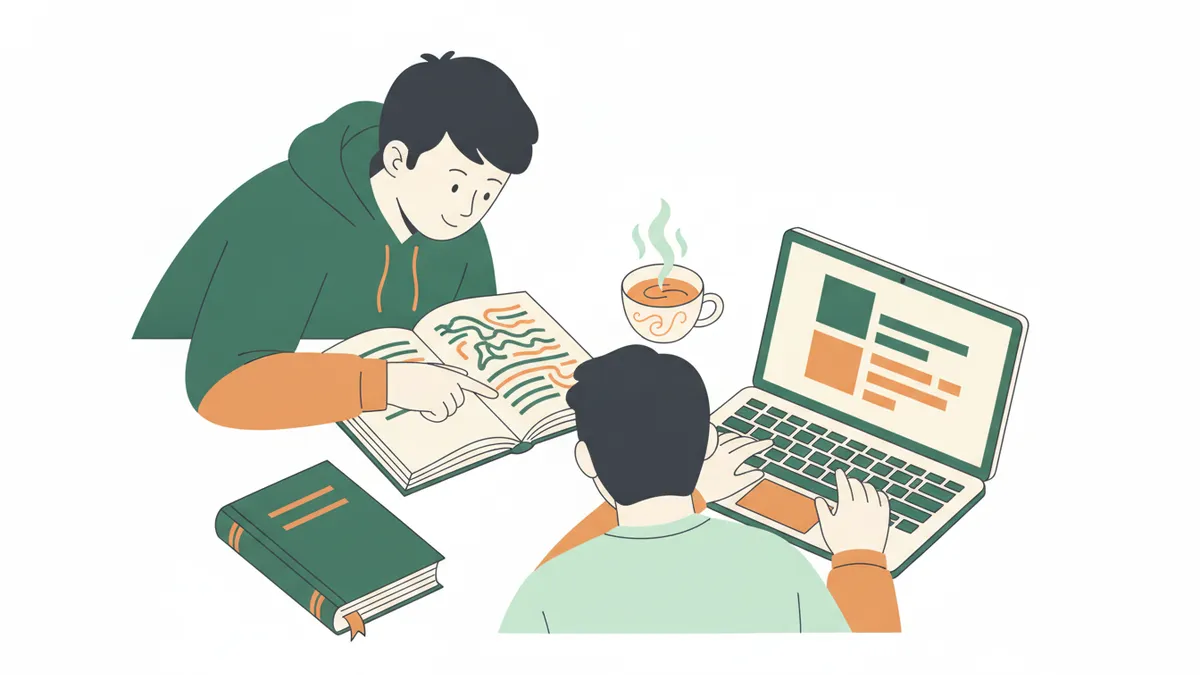Deux étudiants comparent une traduction, un livre ouvert et un dictionnaire posés devant eux.