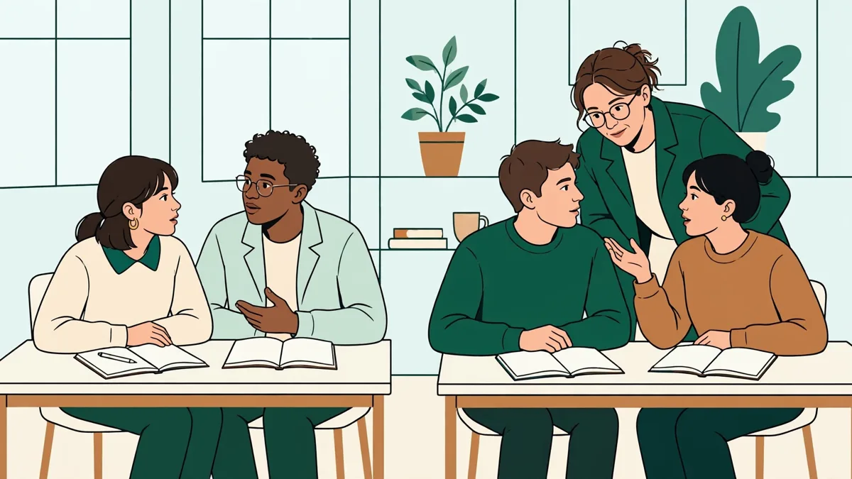 Petit groupe d'étudiants qui pratiquent un dialogue en turc par deux, l'enseignante à côté qui écoute et corrige.