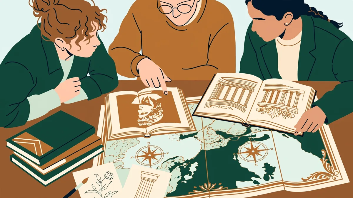 Trois étudiants autour d'une table de bibliothèque avec des livres et des cartes de la Turquie et de l'Eurasie.