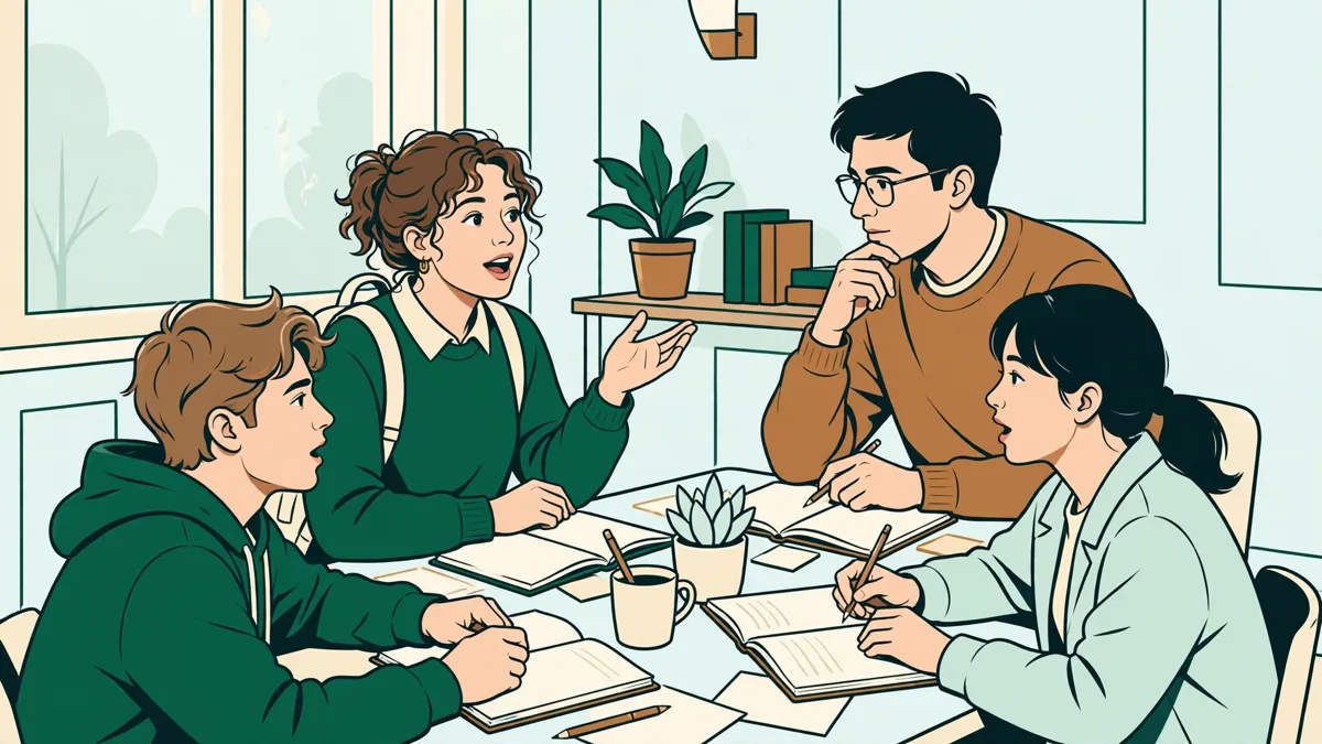 Des étudiants en vietnamien qui répètent des dialogues à voix haute autour d'une table, carnets ouverts.