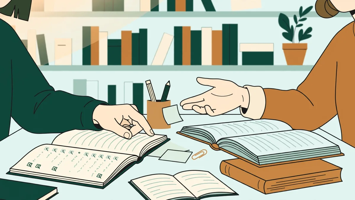 Deux étudiantes qui comparent leurs notes de vietnamien en bibliothèque, dictionnaires et carnets ouverts.