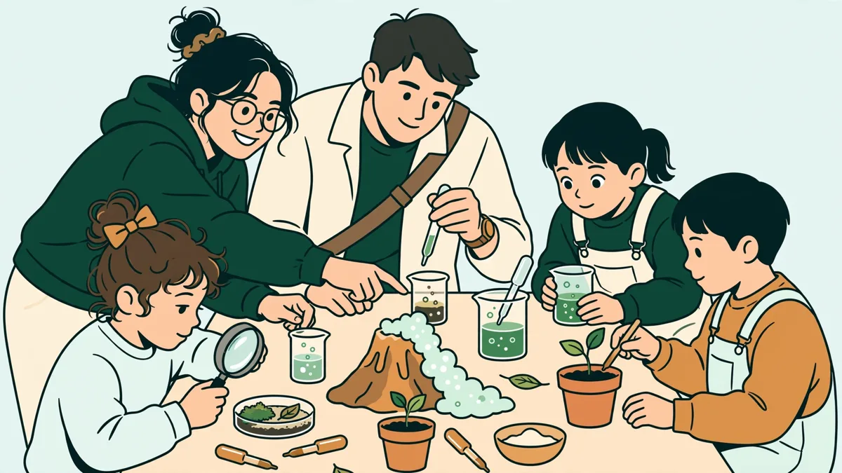 Illustration dessinée : deux étudiants animent un atelier de sciences devant des enfants attentifs penchés sur une table d'expériences.
