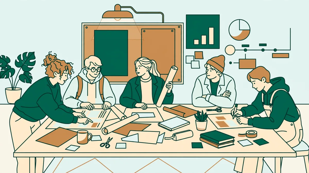 Illustration dessinée : quatre étudiants préparent un projet éducatif autour d'une grande table couverte d'affiches et d'un planning.