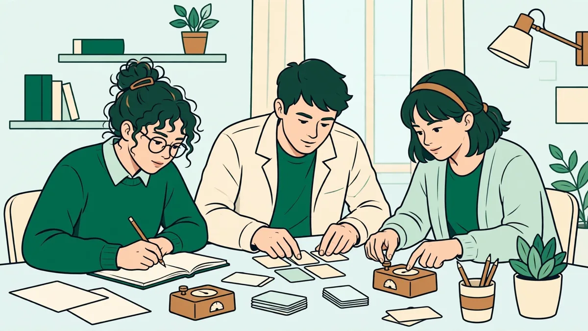 Trois étudiants autour d'une table qui testent un jeu de cartes pour une expérience de comportement pendant qu'une étudiante écrit les résultats.