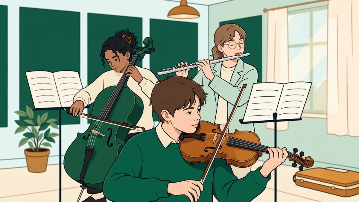Trois étudiants musiciens en répétition dans une petite salle, violon, violoncelle et flûte, partitions ouvertes.