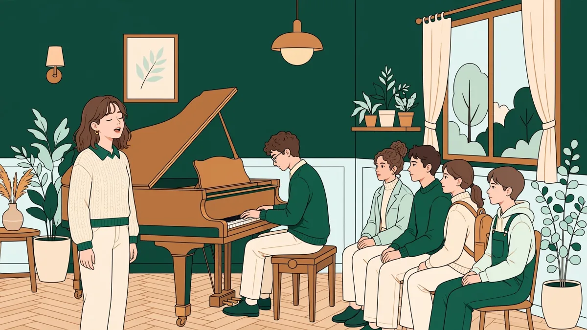 Une jeune chanteuse debout devant un piano, accompagnée par un pianiste, devant des étudiants qui écoutent.
