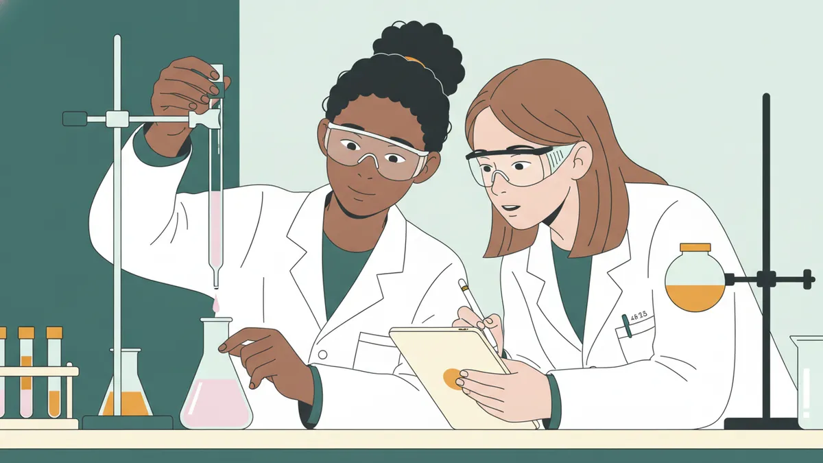 Deux étudiantes en blouse réalisent un titrage, l'une ouvre une burette au-dessus d'un erlenmeyer rose, l'autre note le volume.