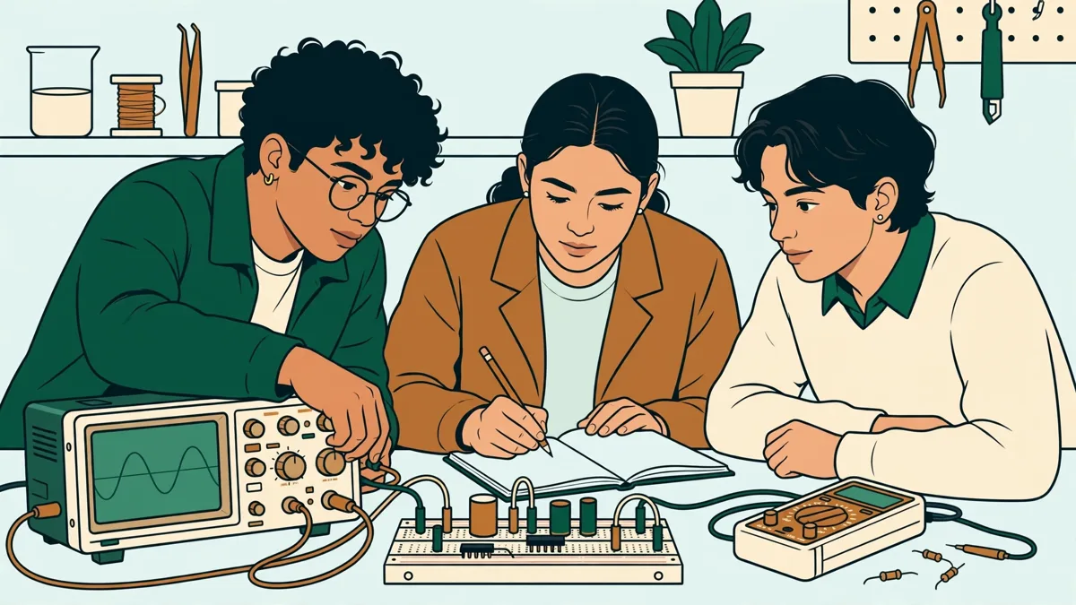 Trois étudiants en travaux pratiques de physique autour d'un oscilloscope, l'un règle les boutons pendant qu'une autre note les mesures.
