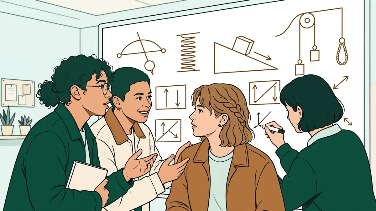 Quatre étudiants de première année devant un grand tableau blanc, l'un écrit une équation de mécanique pendant que les autres corrigent et discutent.