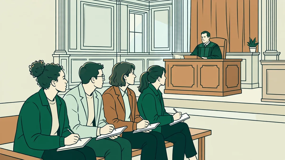 Petit groupe d'étudiants en droit assis dans une salle d'audience qui observent et prennent des notes.
