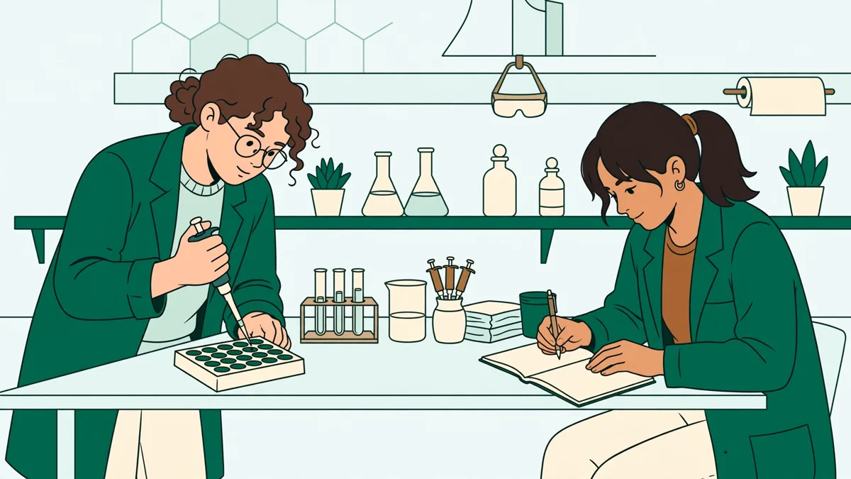 Deux étudiants en blouse devant une paillasse, l'un pipette dans une plaque d'analyse pendant que l'autre note les résultats.