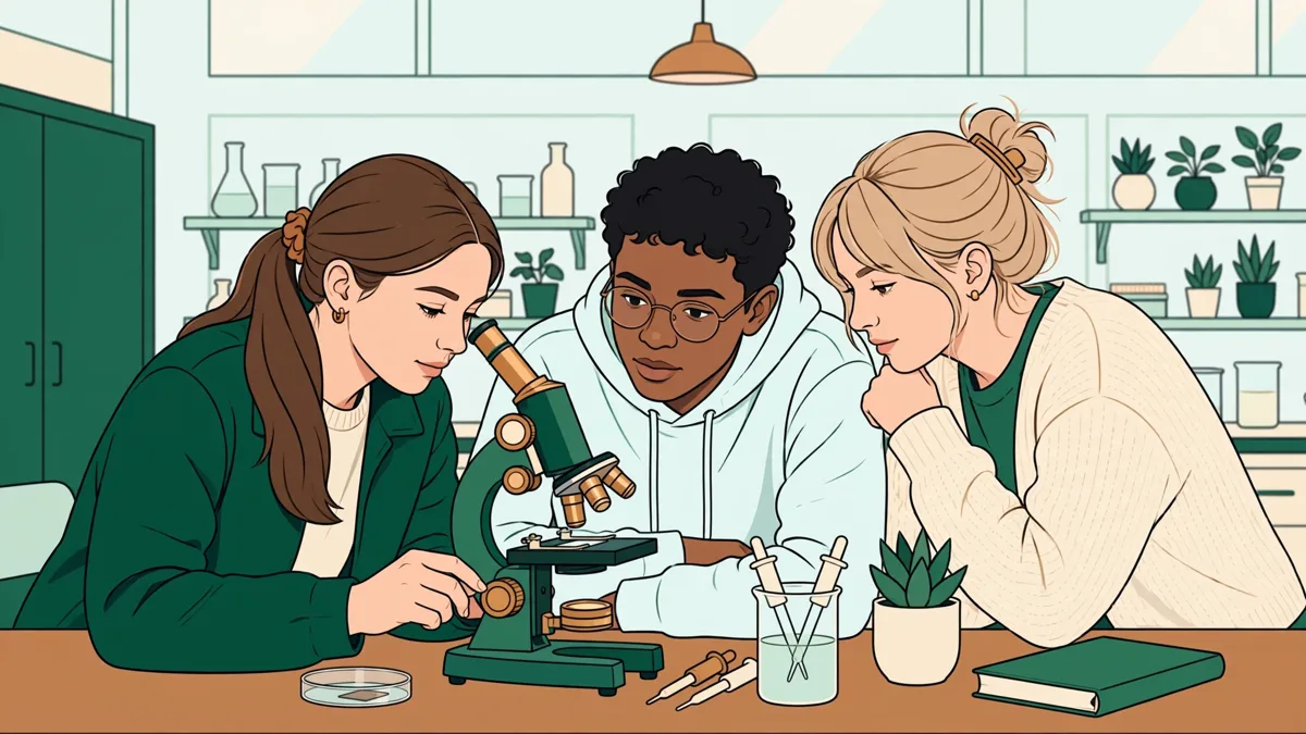 Trois étudiants autour d'un microscope en salle de TP, une étudiante règle la mise au point pendant que les autres observent.